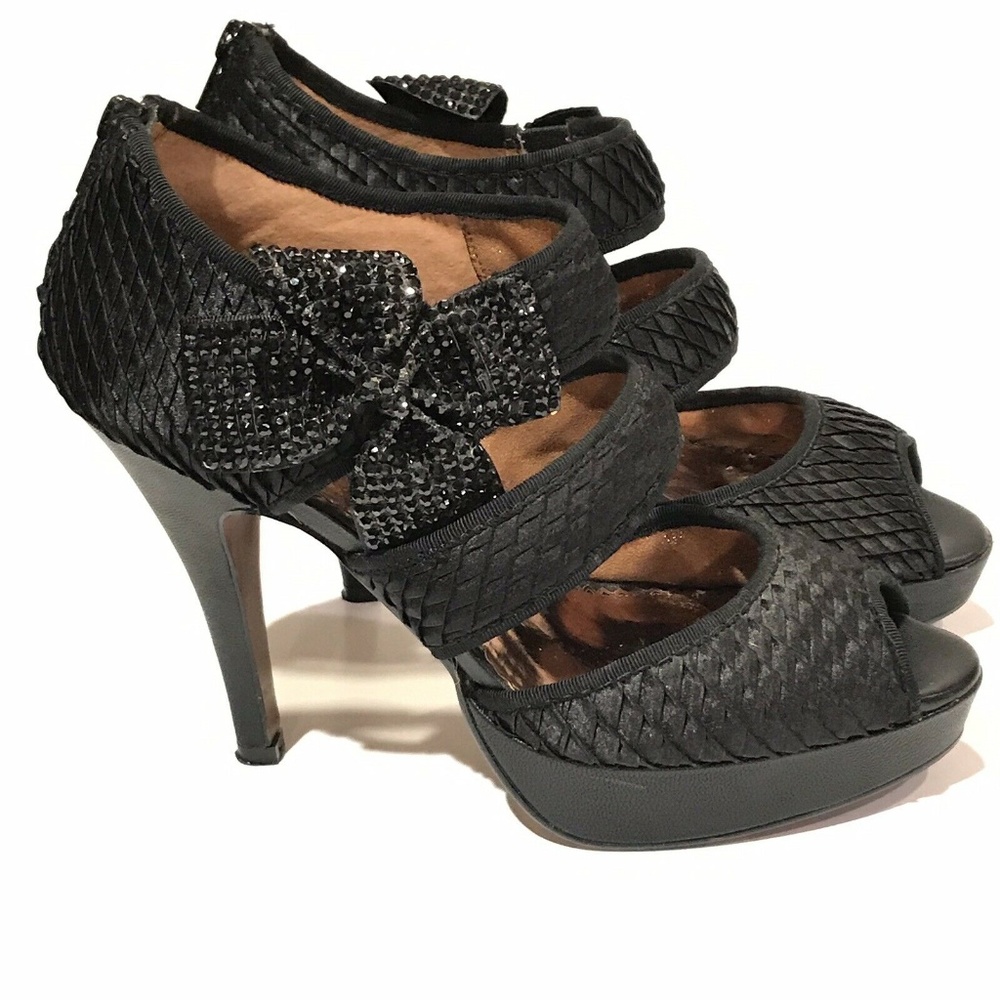 Poetic Licence Black Satin Heels Rhinestones